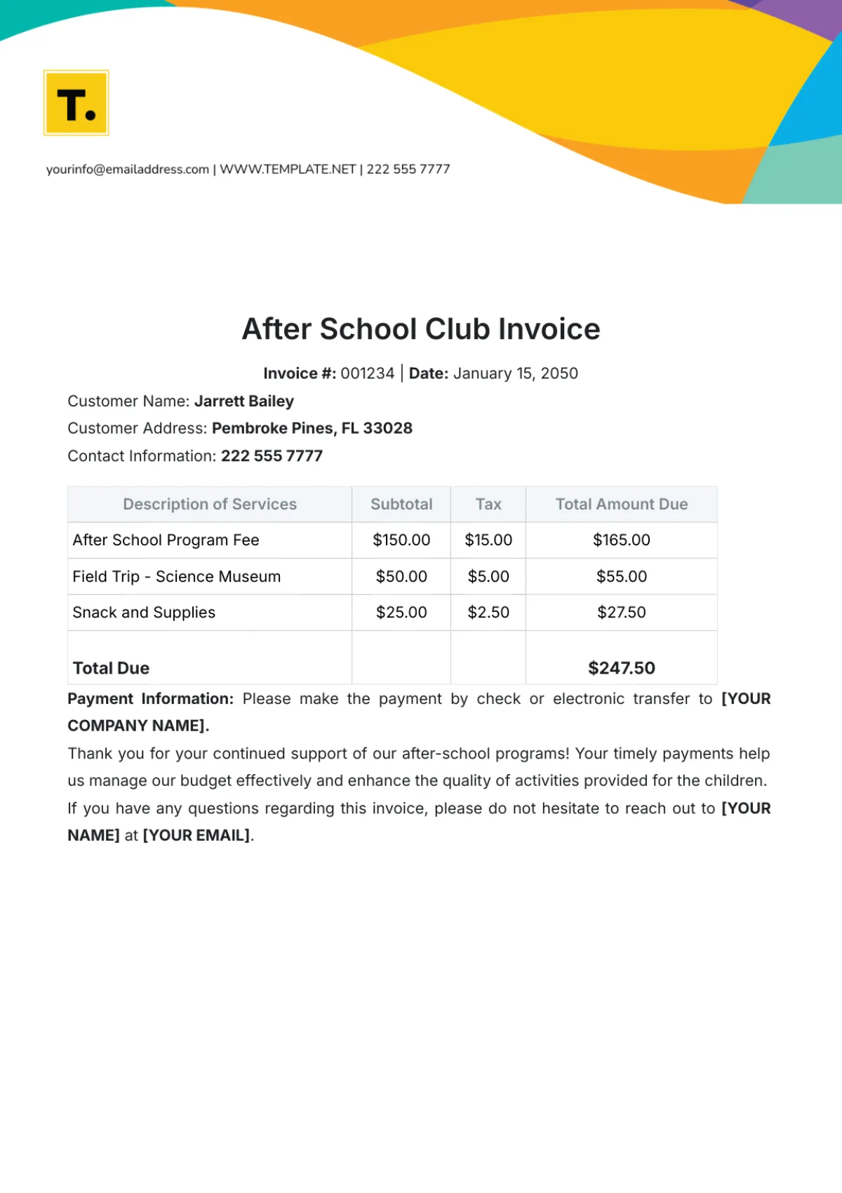 after school club invoice template