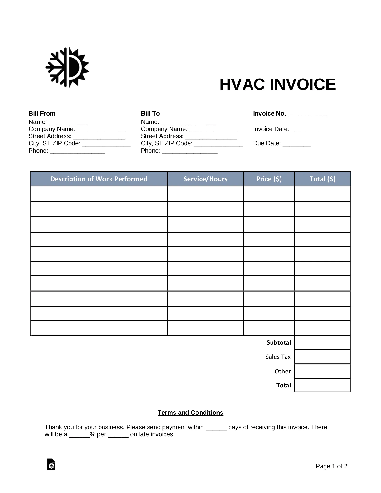 air conditioning hvac invoice template