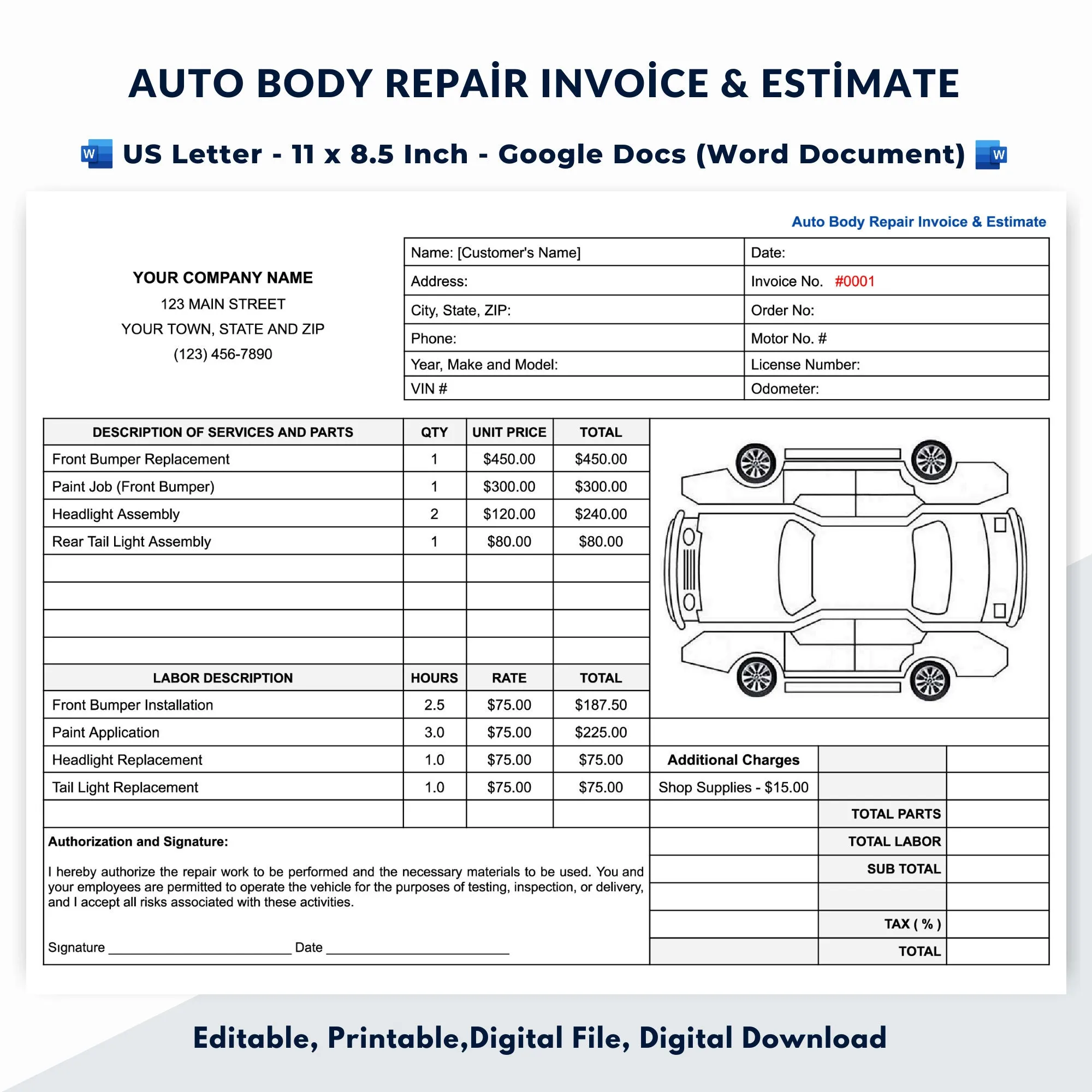 car body repair invoice template