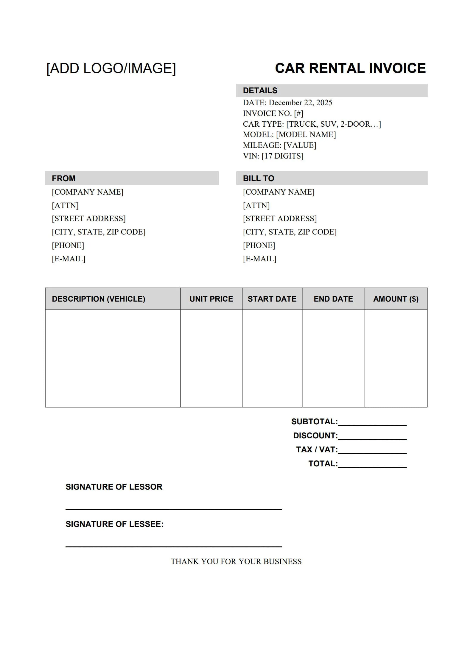 Car Rental Tax Invoice Template car rental tax invoice template