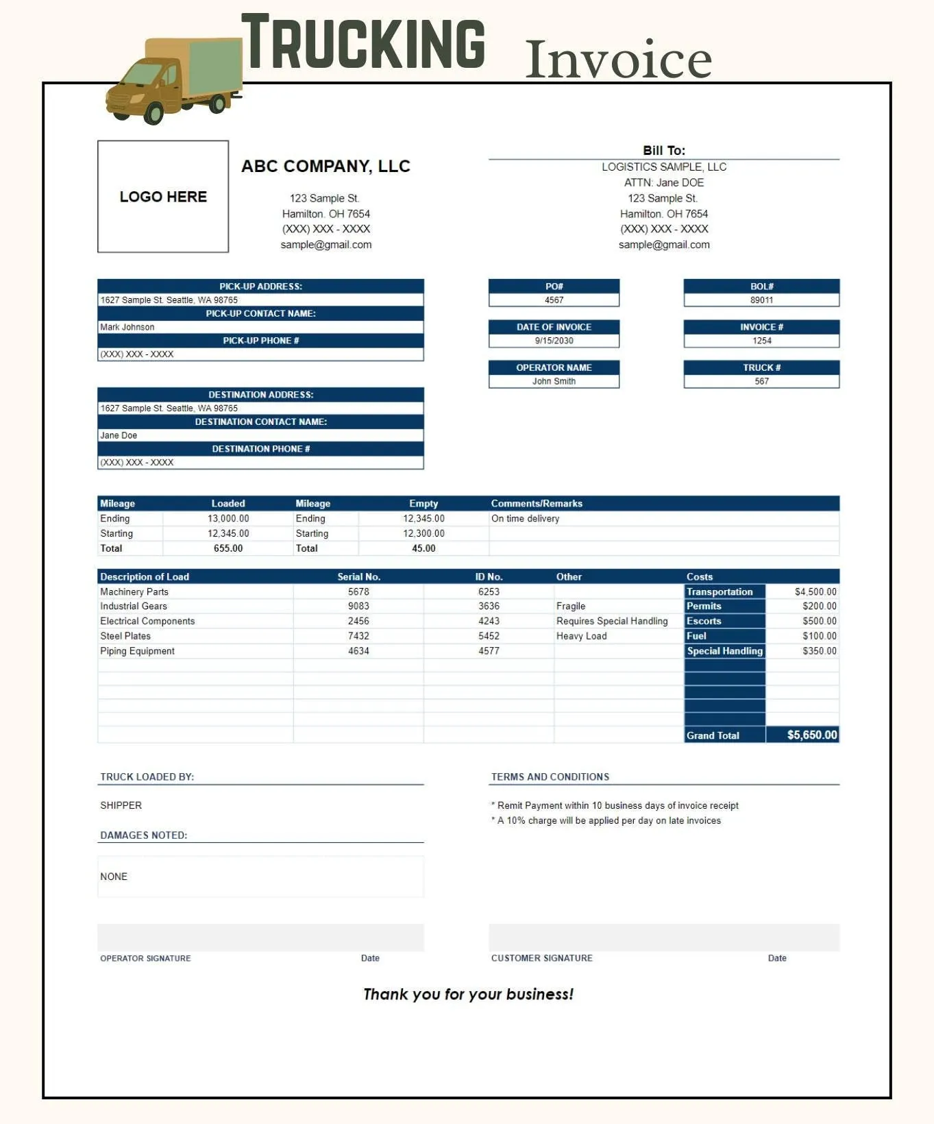 low cost truck driver invoice template